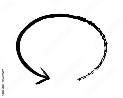 Oval arrow loop grunge doodle design element. Counterclockwise circular continuous shape. Undo return sign. Handdrawn pointer. Dynamic sketchy rough direction clipart. Distressed black ink line symbol