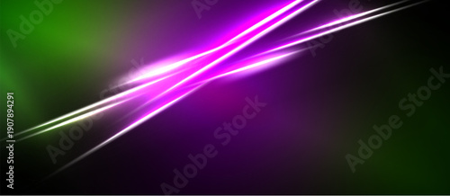 Abstract vibrant lines intersect. Green, purple hues dominate dark background. Dynamic energy radiates from central glow.