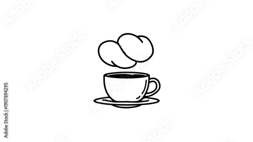 A monochrome illustration of a coffee cup with steam rising, set on a saucer, minimalist style