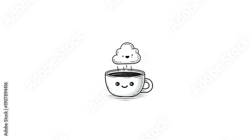 Whimsical illustration of a coffee cup with a cloud of steam shaped like a smiling cloud
