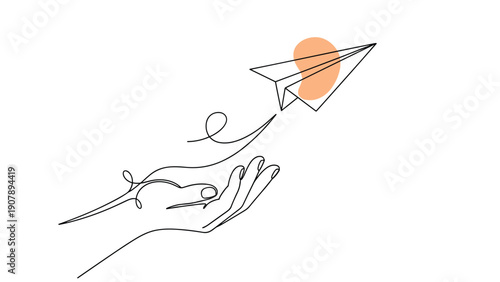 Continuous line drawing of a hand releasing a paper airplane with an orange abstract sun symbolizes freedom and creativity.
