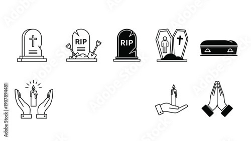 Set of black and white funeral and cemetery related icons includes gravestones, coffins, candles, and praying hands.