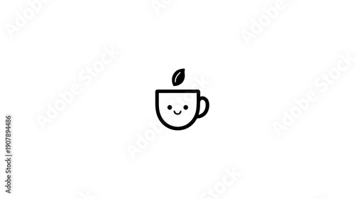 A smiling teacup icon with a leaf, black on white. A minimalist and friendly design