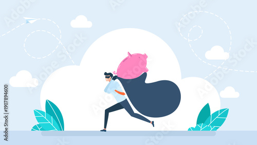 Businessman steal piggy bank. Thief, steal. Risk of finance and business. Thief running with piggy bank robbery concept financial crime savings loss economy security breach. Vector illustration