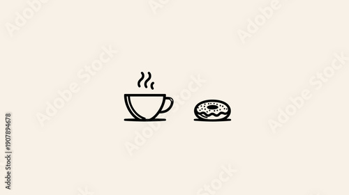 Minimalist illustration of a coffee cup with steam and a donut on a beige background