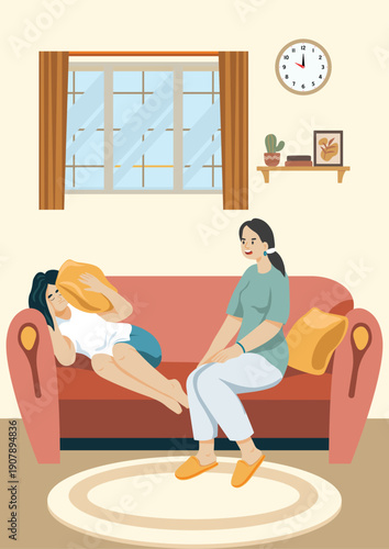 Vector Illustration of a mother reprimanding her daughter who doesn't want to listen.
