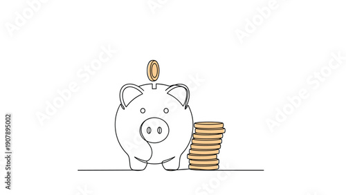 Continuous line drawing of a piggy bank with a coin being dropped inside and a stack of coins sitting nearby.