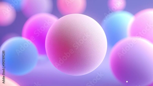 Pastel 3D spheres float in a soft studio space; foreground balls drift sideways and scale slightly while the camera slides, producing gentle parallax depth in a seamless loop.