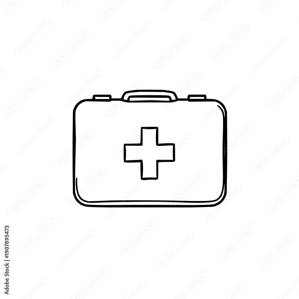 Obraz premium Minimalist first aid kit pictogram in bold lines, medical emergency icon set on white background for healthcare branding and emergency signage design