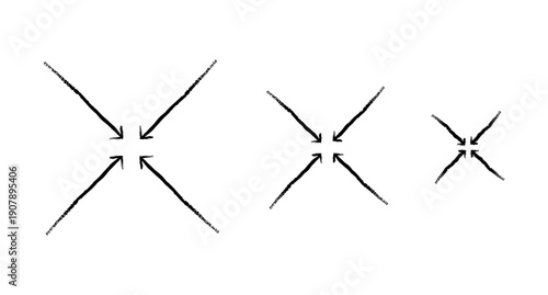 Diagonal arrows pointing to center grunge doodle design element set. Focus inward to shared centre. Handdrawn pointers. Dynamic sketchy rough direction cliparts. Distressed black ink line symbols