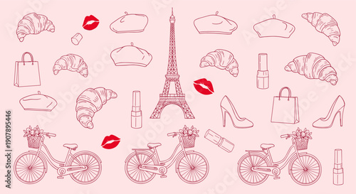Chic Parisian Lifestyle Elements Collection Featuring Eiffel Tower Croissants Berets High Heels and Bicycles on Pink Background