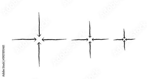 Straight arrows point to common center grunge doodle design element set. Inward target. Alignment icon. Handdrawn pointers. Dynamic sketchy rough direction cliparts. Distressed black ink line symbols