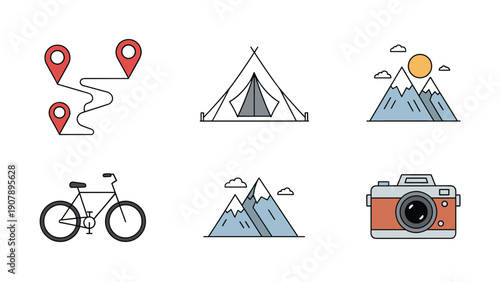 Travel and adventure icons including map location pins a tent mountains a bicycle and a retro camera for outdoor trips.