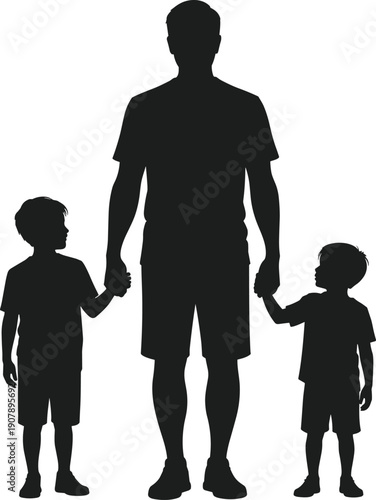 Father holding hands with two young sons silhouette vector child family