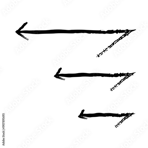 Acute left arrows in descending size grunge doodle design element set. Redirection. Visual emphasis. Handdrawn pointers. Dynamic sketchy rough direction cliparts. Distressed black ink line symbols