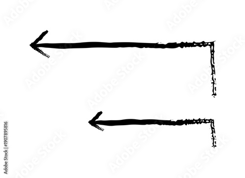 Right-angle arrows turning left grunge doodle design element set. 90-degree bend pointing leftward path. Handdrawn pointers. Dynamic sketchy rough direction cliparts. Distressed black ink line symbols