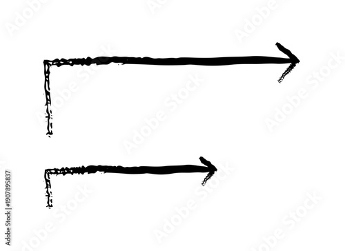 Right-angle arrows turn right grunge doodle design element set. 90-degree bend pointing rightward flow. Handdrawn pointers. Dynamic sketchy rough direction cliparts. Distressed black ink line symbols
