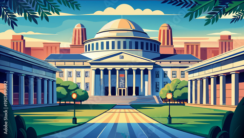 Very beautiful exterior view of the iconic architecture of Massachusetts Institute of Technology (MIT) in Cambridge, Massachusetts, USA, highlighting a blend of innovation and academic tradition.