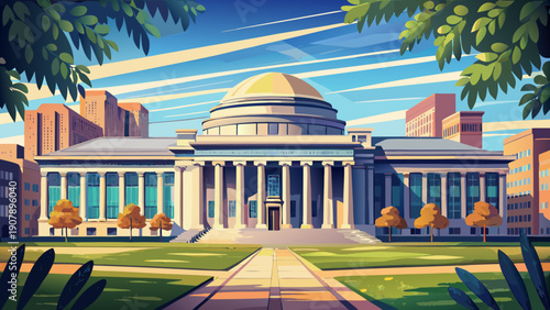 Very beautiful exterior view of the iconic architecture of Massachusetts Institute of Technology (MIT) in Cambridge, Massachusetts, USA, highlighting a blend of innovation and academic tradition.