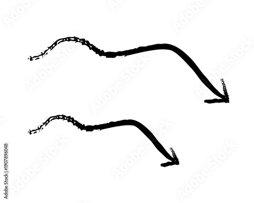 Wavy arrows pointing down grunge doodle design element set. Waves curving downward. Organic decline. Handdrawn pointers. Dynamic sketchy rough direction cliparts. Distressed black ink line symbols