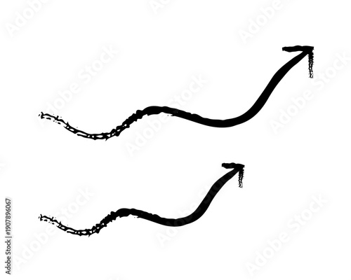 Wavy arrows pointing up grunge doodle design element set. Waves curves rise upward to right. Uplifting. Handdrawn pointers. Dynamic sketchy rough direction cliparts. Distressed black ink line symbols