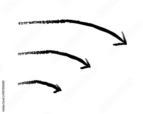 Curved end down arrows grunge doodle design element set. Gradual curve downward. Directional marker. Handdrawn pointers. Dynamic sketchy rough direction cliparts. Distressed black ink line symbols