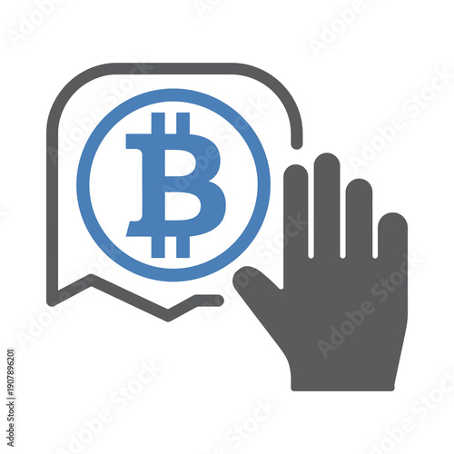 Vector graphic of a hand blocking a blue bitcoin symbol in a speech bubble