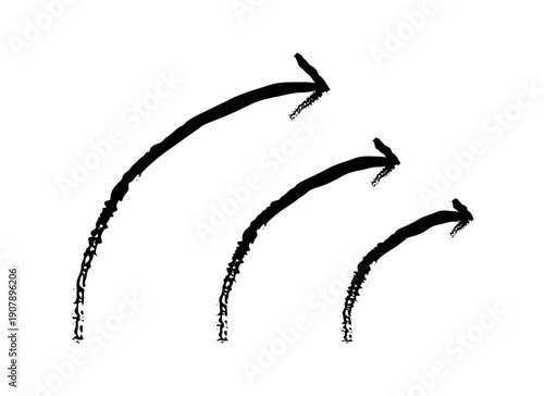 Curved up arrows in sweeping motion grunge doodle design element set. Upward curve arch to right. Handdrawn pointers. Dynamic sketchy rough direction cliparts. Distressed black ink line symbols