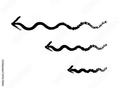 Wavy arrows pointing left grunge doodle design element set. Return backward movement. Leftward move. Handdrawn pointers. Dynamic sketchy rough direction cliparts. Distressed black ink line symbols