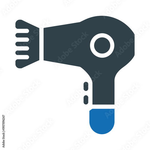 Vector graphic of a dark blue hair dryer with a white circle and blue handle