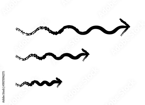 Wavy arrows pointing right grunge doodle design element set. Flowing smoothly rightward. Ripple path. Handdrawn pointers. Dynamic sketchy rough direction cliparts. Distressed black ink line symbols