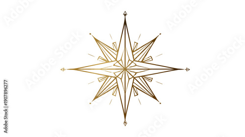 A golden, geometric star-shaped design with compass points and detailed, angular segments