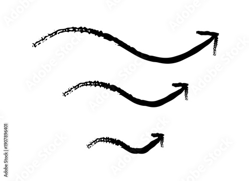 Squiggly curved arrows pointing up grunge doodle design element set. Wiggly moving forward upward path. Handdrawn pointers. Dynamic sketchy rough direction cliparts. Distressed black ink line symbols