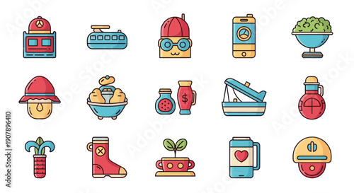 Set of colorful cartoon icons representing various objects and concepts