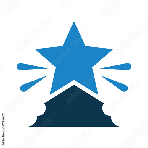 Vector graphic of a blue star shining brightly on a dark blue pedestal background