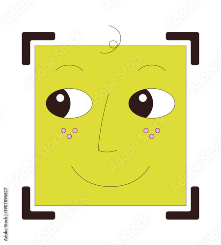 Cute face ID recognition frame 2D cartoon object. Cyber authentication. Biometric facial user identity within square scan area isolated element flat vector clip art on white. Spot illustration