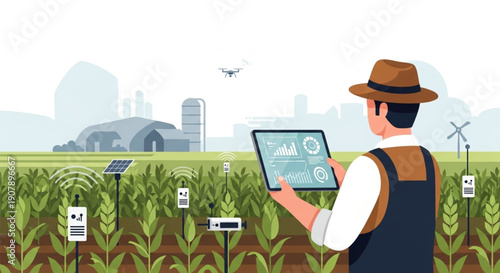 Smart farming with technology a farmer using a tablet in a field with sensors and a drone