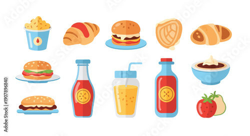Illustrated fast food and drink icons set for various design projects