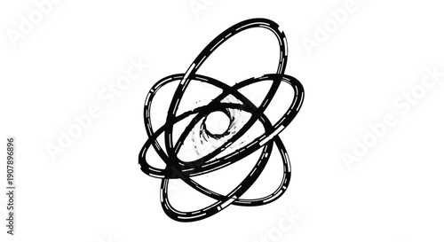 Stylized atom molecule structure illustration with black lines and circles on white background for science education and chemistry concepts