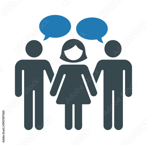 Vector graphic of three people icons with two speech bubbles above their heads communicating