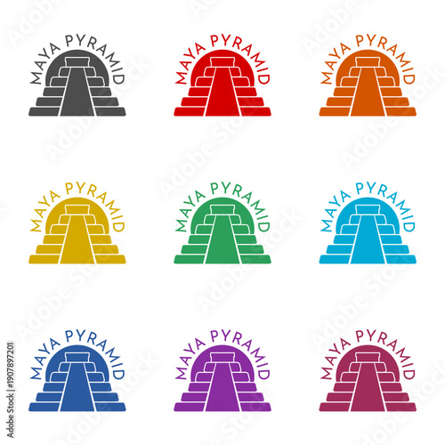 Mayan pyramid flat icon isolated on white background. Set icons colorful