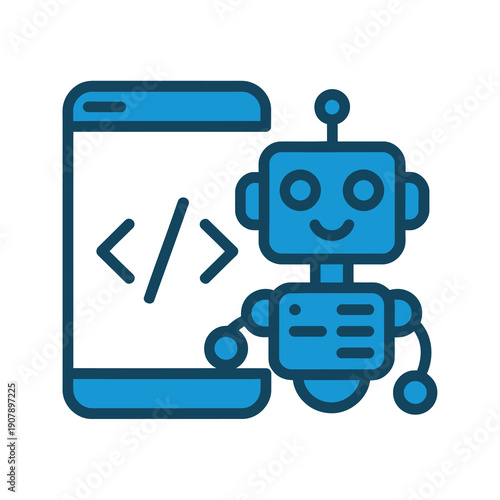 Cheerful vector robot character standing next to a smartphone with coding symbols on the screen