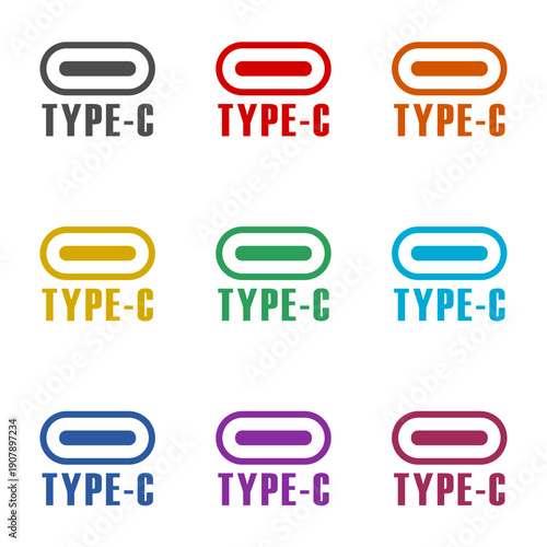 USB Type C port icon isolated on white background. Set icons colorful