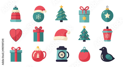 Festive holiday icons christmas tree gifts baubles and decorations