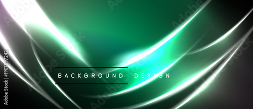 Abstract neon waves, vibrant green hues dominate. Dark background contrasts bright lines, creating modern design element. Text reads background design.