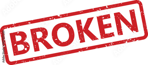 A prominent red distressed stamp effect features the word BROKEN within its rectangular frame on a plain white field