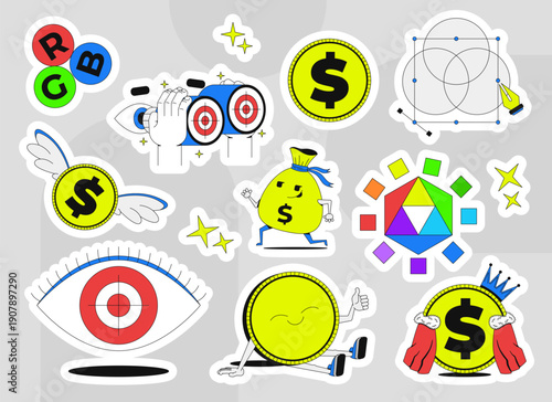 Business and finance creative colorful die-cut sticker sheet. Money characters. Sales targets. Financial goals. Flat cartoon collage. Vector illustration. Labels pack for journaling, scrapbooking