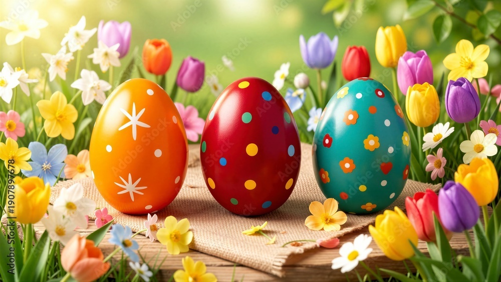 Fototapeta premium Colorful Easter Eggs Among Lush Spring Flowers