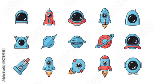 Colorful space icons set rockets planets astronaut helmets and spacecraft