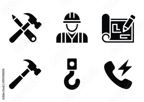 Vector set of six icons depicting construction and industrial tools and symbols in black